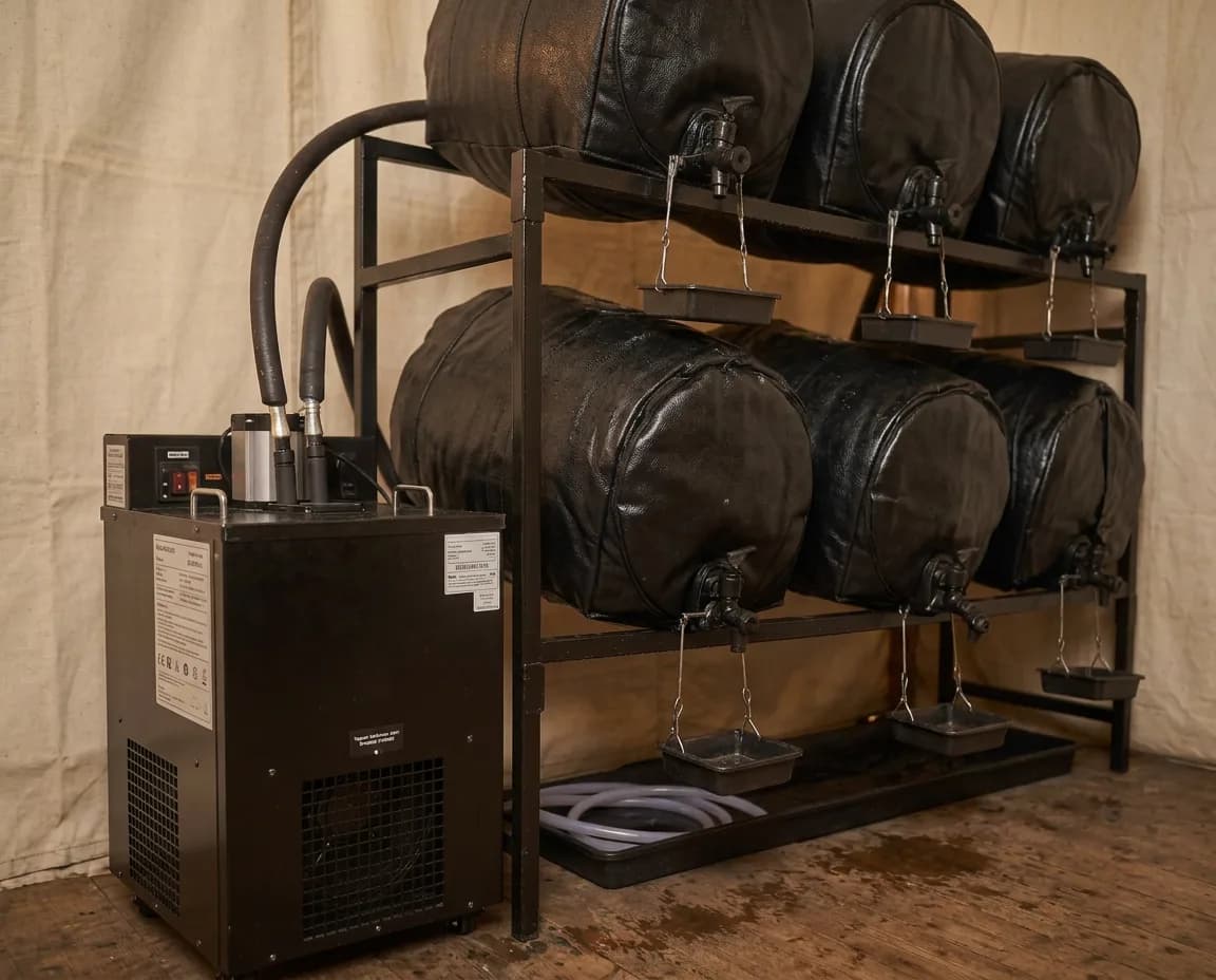 Firkin Fresh cask racking with piped cooling jackets and taps, rigged and ready to pour